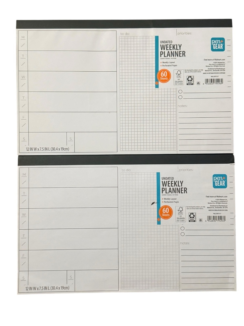 Set of 2 Pen+Gear Weekly Undated 12"x7.5" Large 60 Sheet Desktop Planner Pads